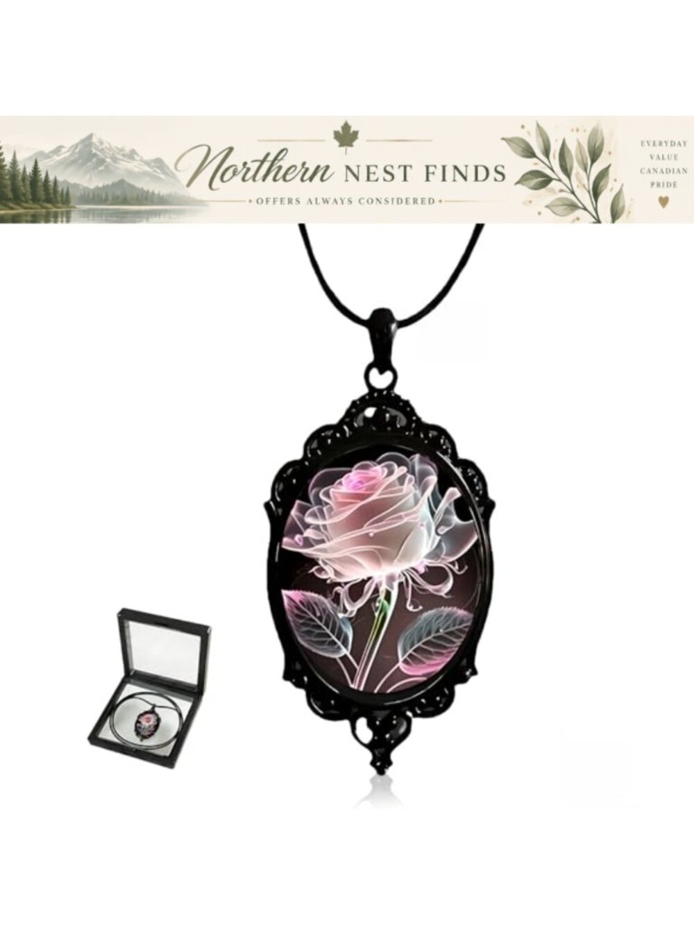 Gothic Vintage Black Gem Pendant Necklace Antique Silver Tone Dark Jewelry for